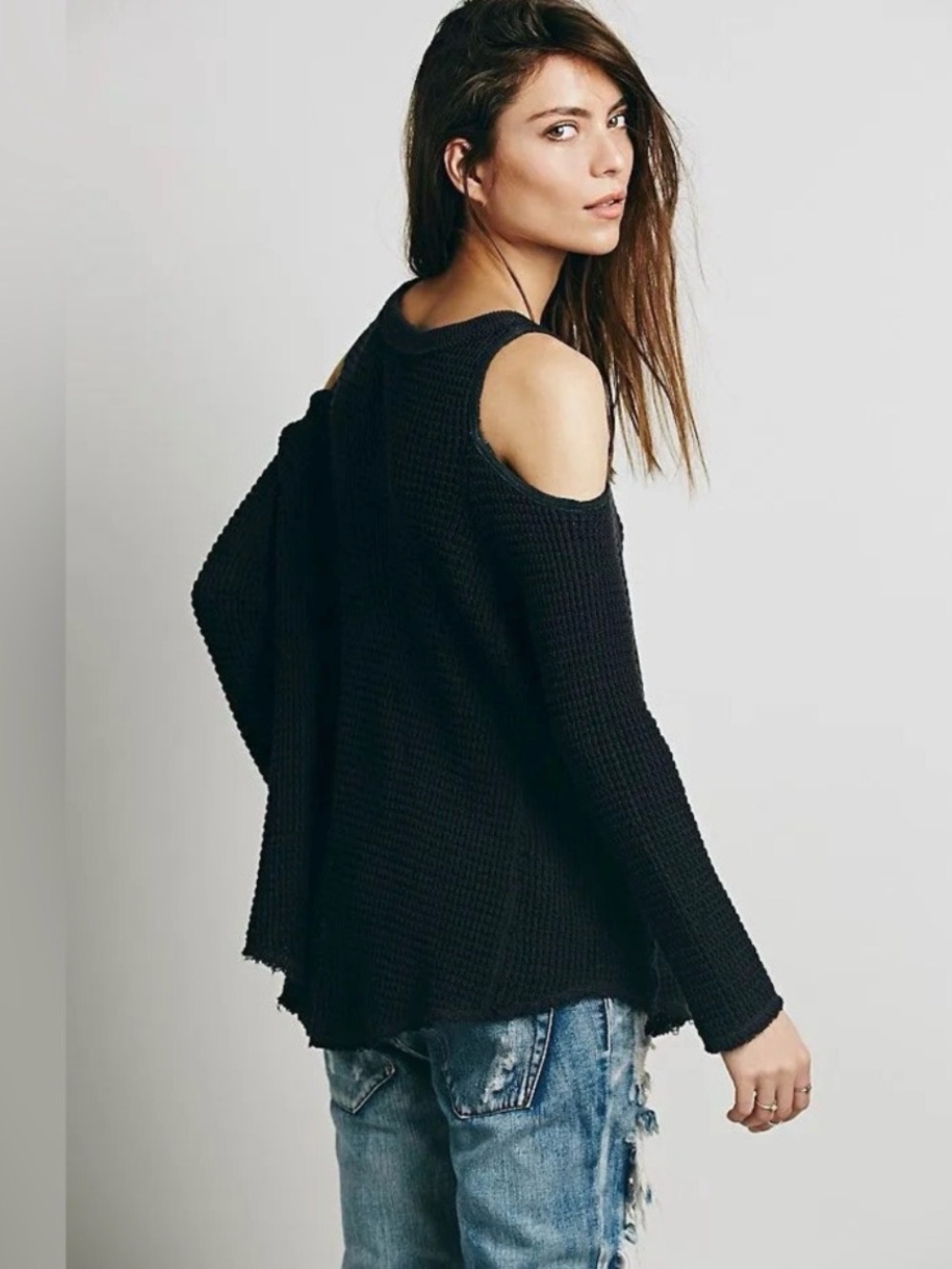 Free People Black Cold-Shoulder Knit Sweater